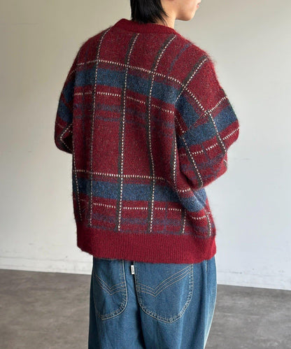 仿馬海毛格紋針織套頭衫