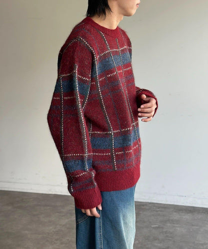 仿馬海毛格紋針織套頭衫