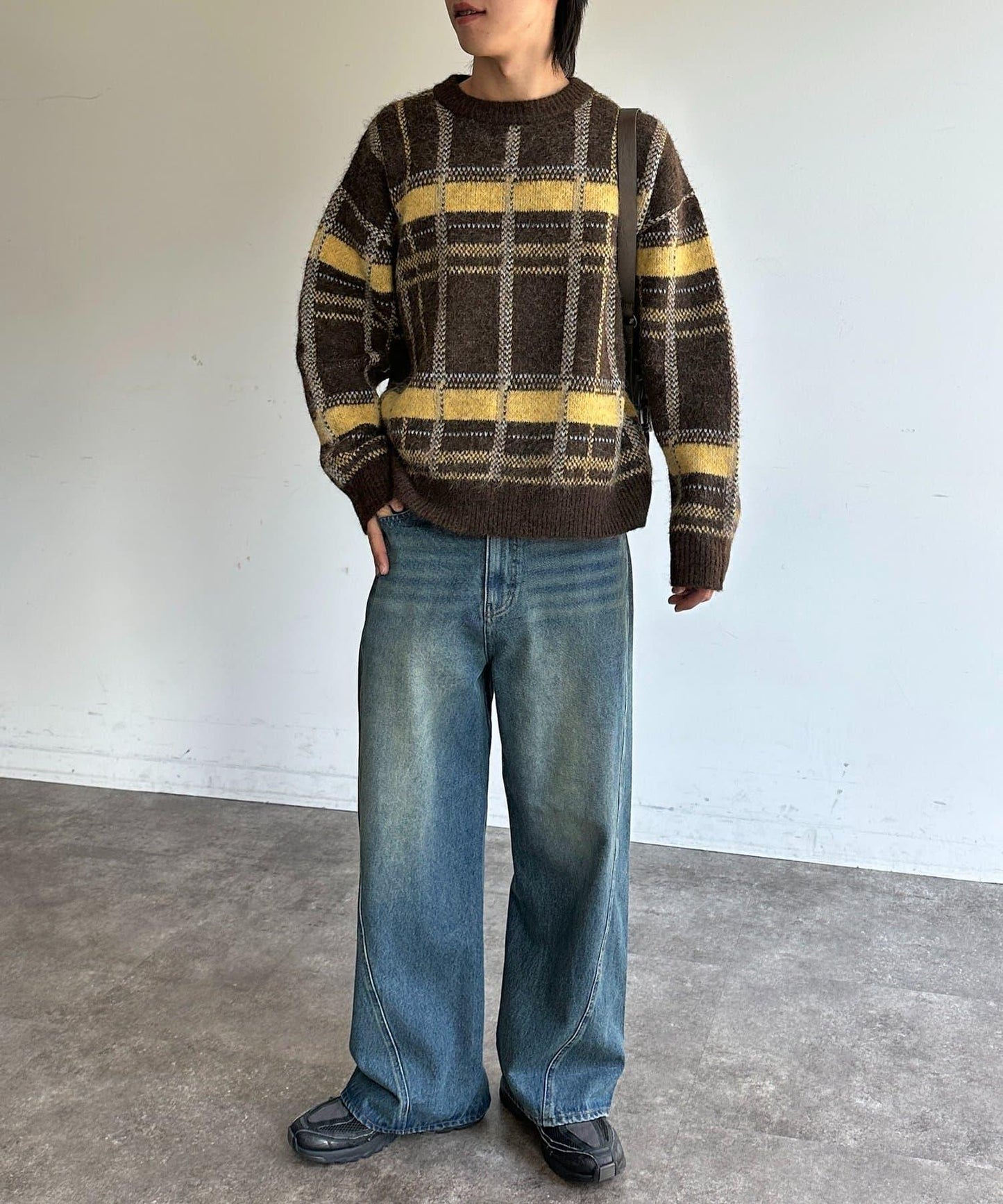 仿馬海毛格紋針織套頭衫