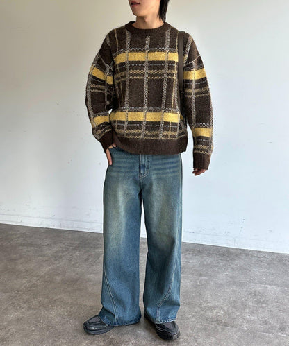 仿馬海毛格紋針織套頭衫