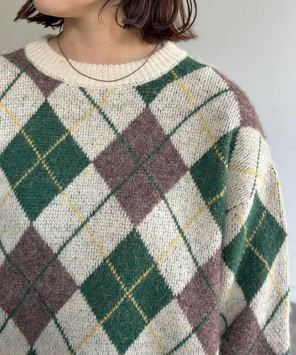 仿馬海毛格紋針織套頭衫