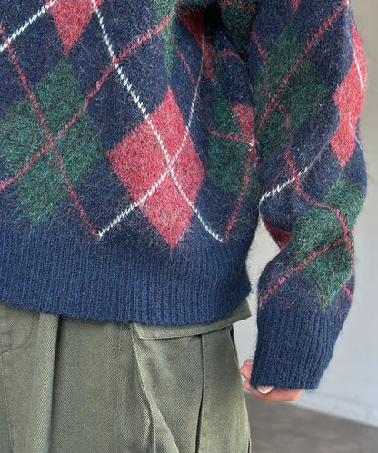 仿馬海毛格紋針織套頭衫