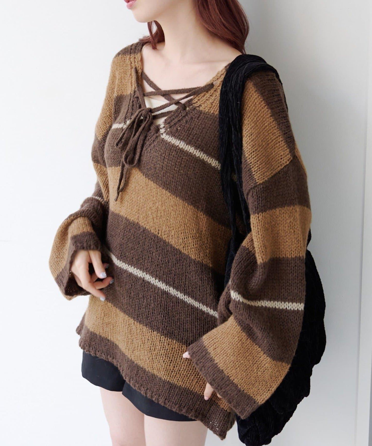 【純色&條紋/前後兩穿】繫帶寬鬆針織衫