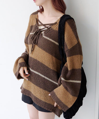 【純色&條紋/前後兩穿】繫帶寬鬆針織衫