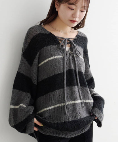 【純色&條紋/前後兩穿】繫帶寬鬆針織衫