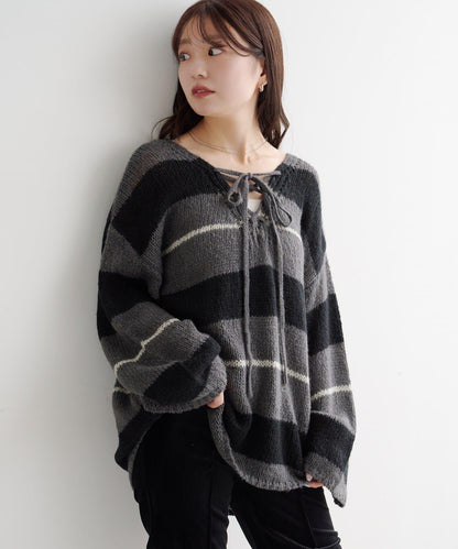 【純色&條紋/前後兩穿】繫帶寬鬆針織衫