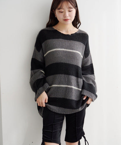 【純色&條紋/前後兩穿】繫帶寬鬆針織衫