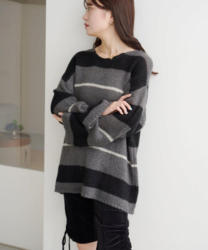 【純色&條紋/前後兩穿】繫帶寬鬆針織衫