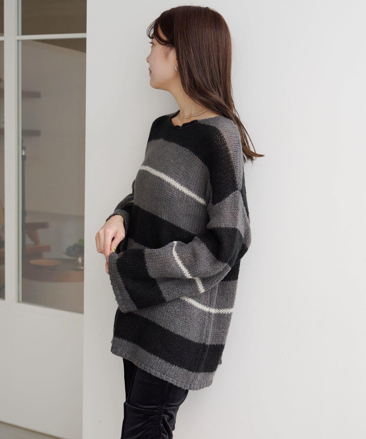 【純色&條紋/前後兩穿】繫帶寬鬆針織衫