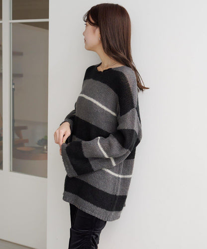 【純色&條紋/前後兩穿】繫帶寬鬆針織衫