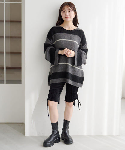 【純色&條紋/前後兩穿】繫帶寬鬆針織衫