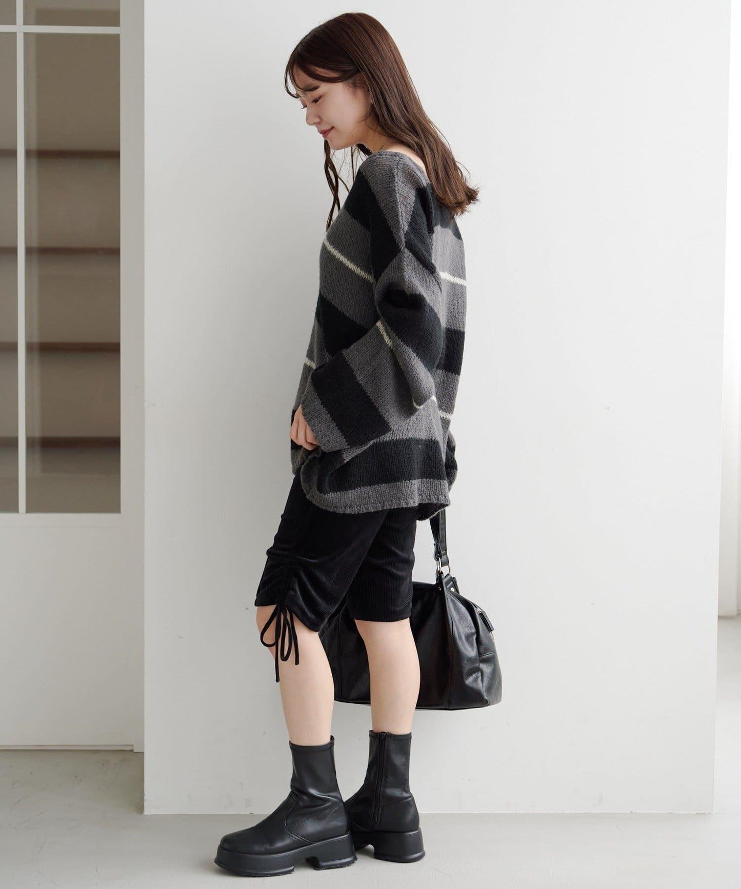 【純色&條紋/前後兩穿】繫帶寬鬆針織衫