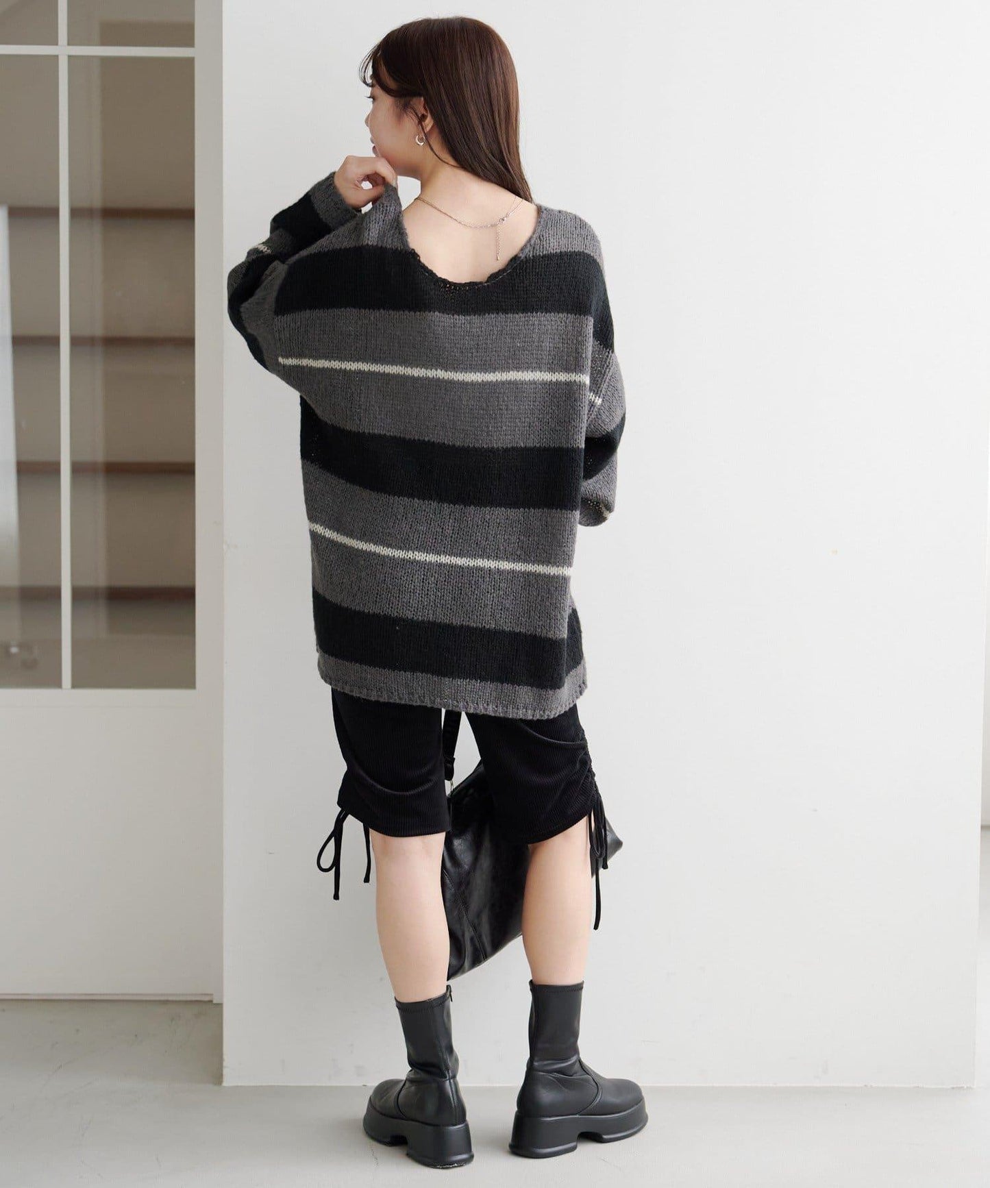 【純色&條紋/前後兩穿】繫帶寬鬆針織衫