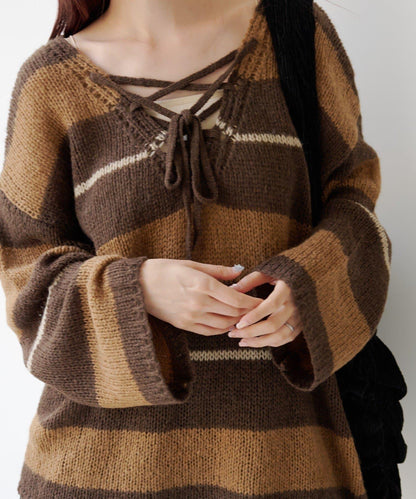 【純色&條紋/前後兩穿】繫帶寬鬆針織衫