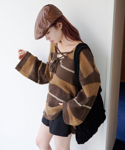 【純色&條紋/前後兩穿】繫帶寬鬆針織衫