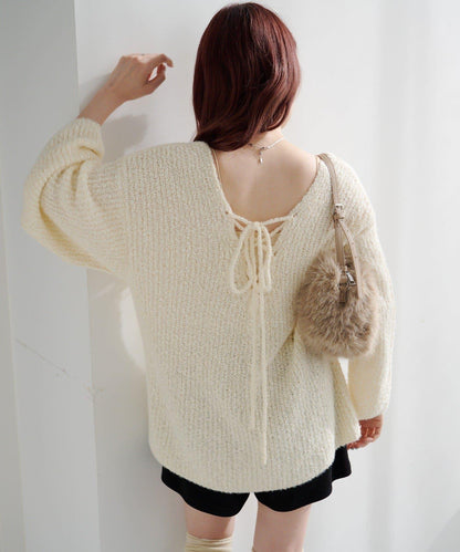 【純色&條紋/前後兩穿】繫帶寬鬆針織衫