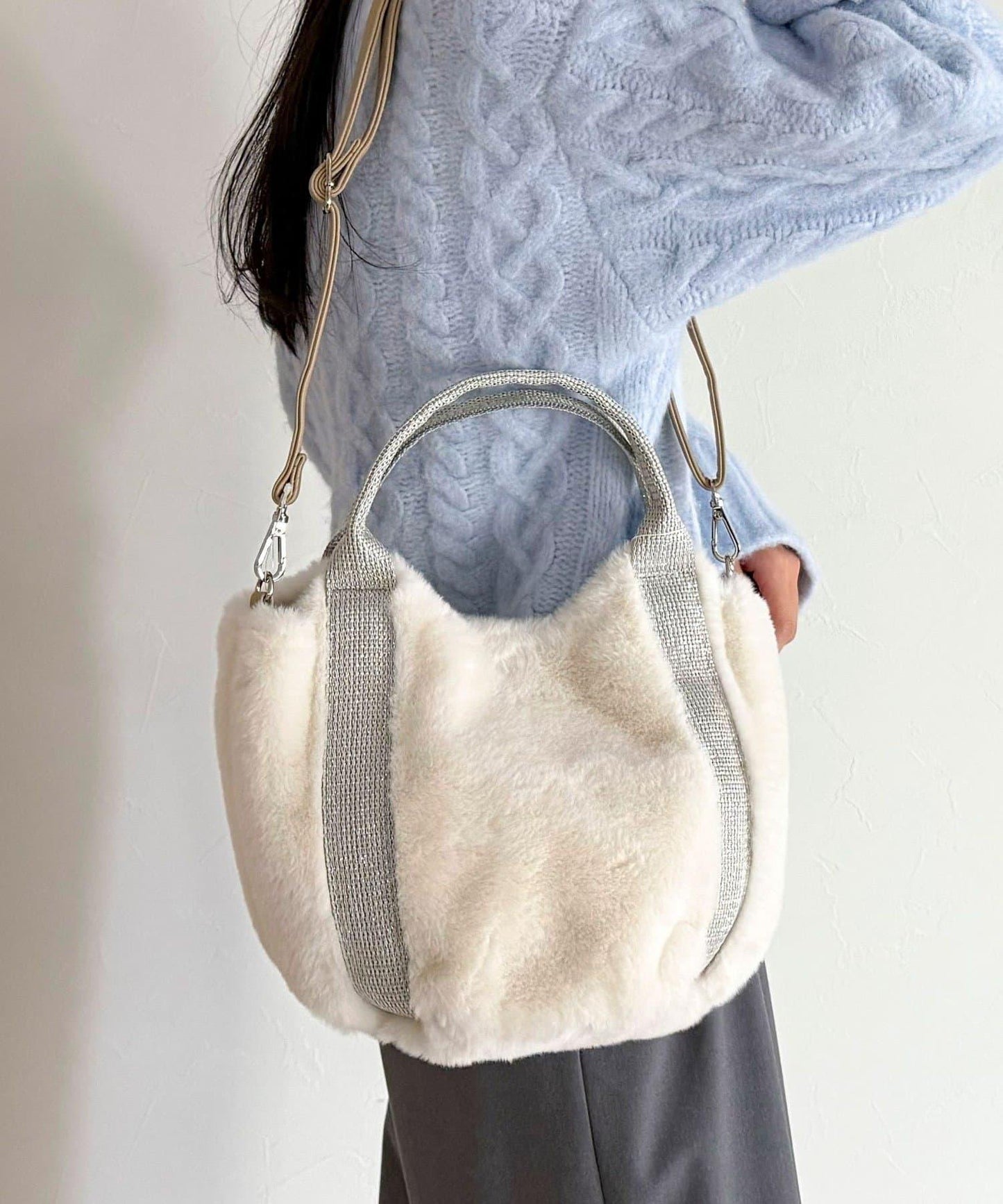 亮片裝飾雙用環保毛絨托特包