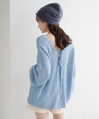 【純色&條紋/前後兩穿】繫帶寬鬆針織衫