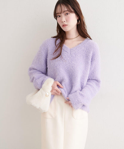 V領長毛針織套頭衫