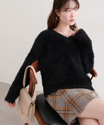 V領長毛針織套頭衫