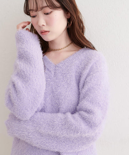 V領長毛針織套頭衫