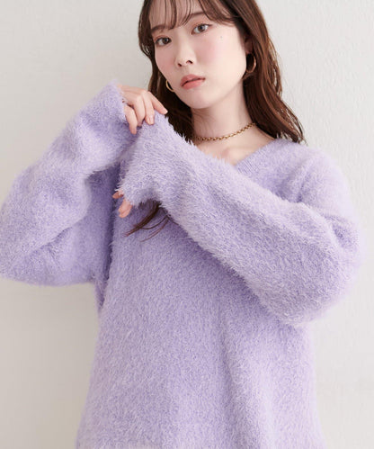 V領長毛針織套頭衫