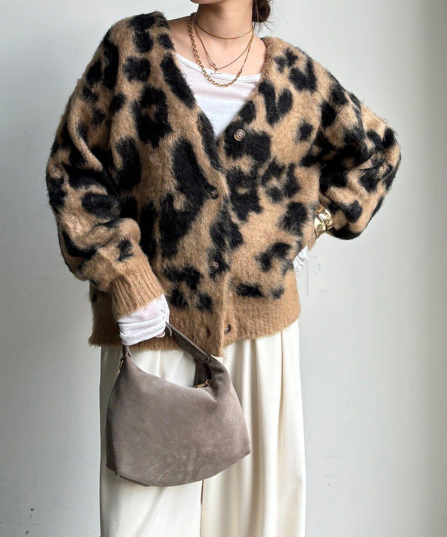 豹紋提花長毛開衫
