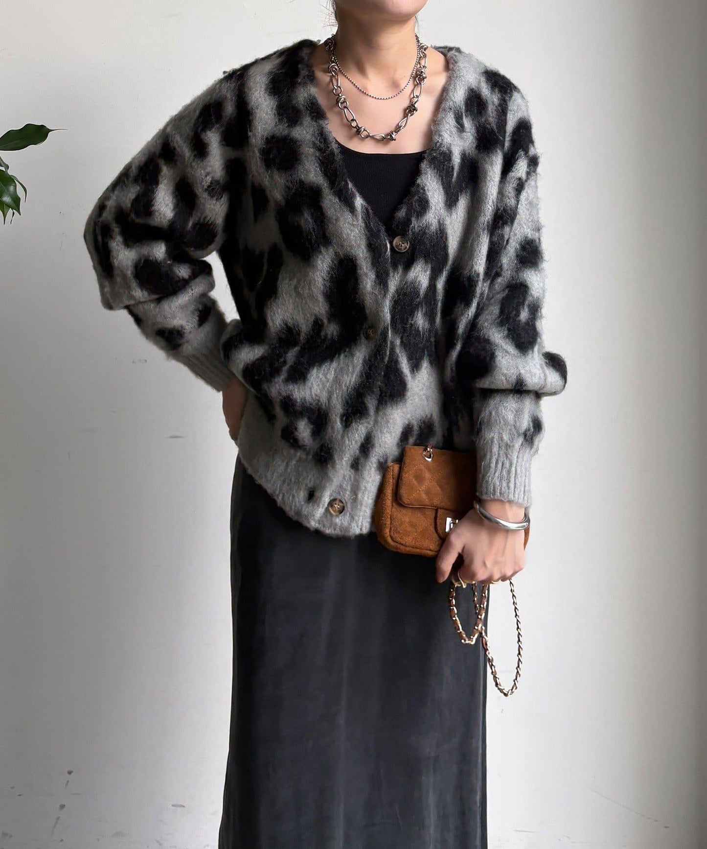 豹紋提花長毛開衫