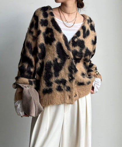 豹紋提花長毛開衫