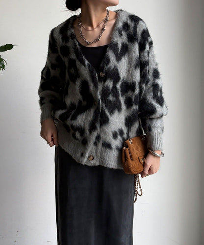 豹紋提花長毛開衫