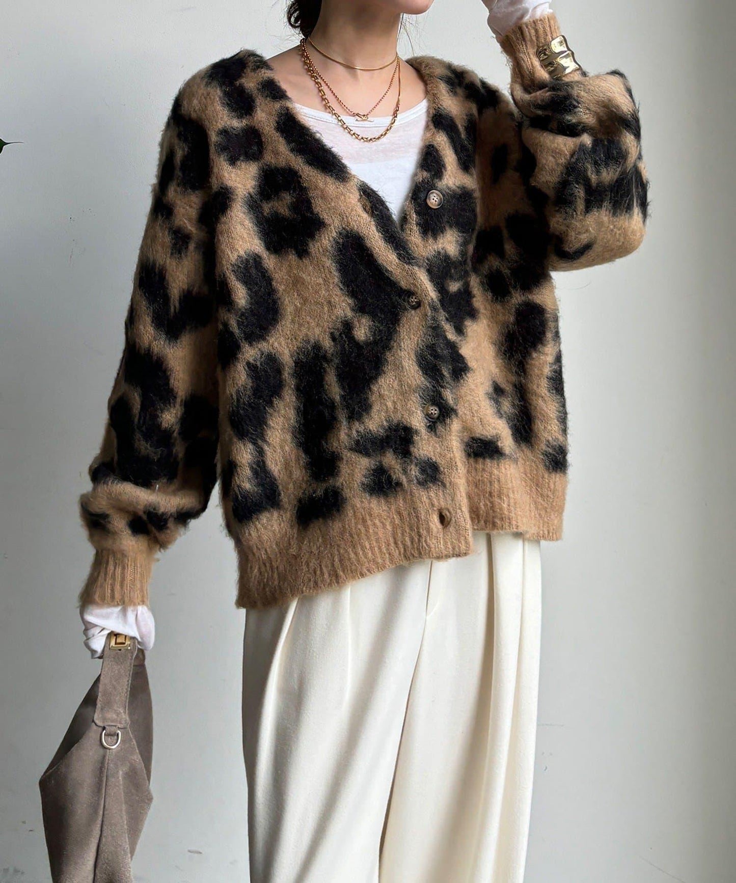 豹紋提花長毛開衫