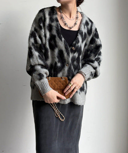 豹紋提花長毛開衫
