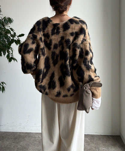 豹紋提花長毛開衫