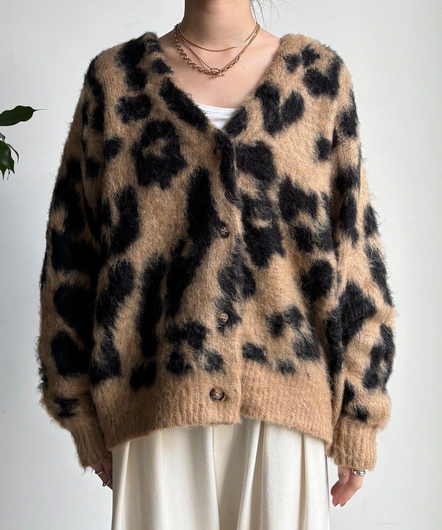 豹紋提花長毛開衫