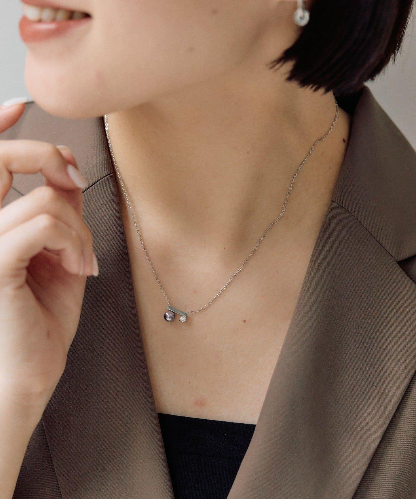 金屬過敏適用/不鏽鋼 珍珠×水晶項鍊