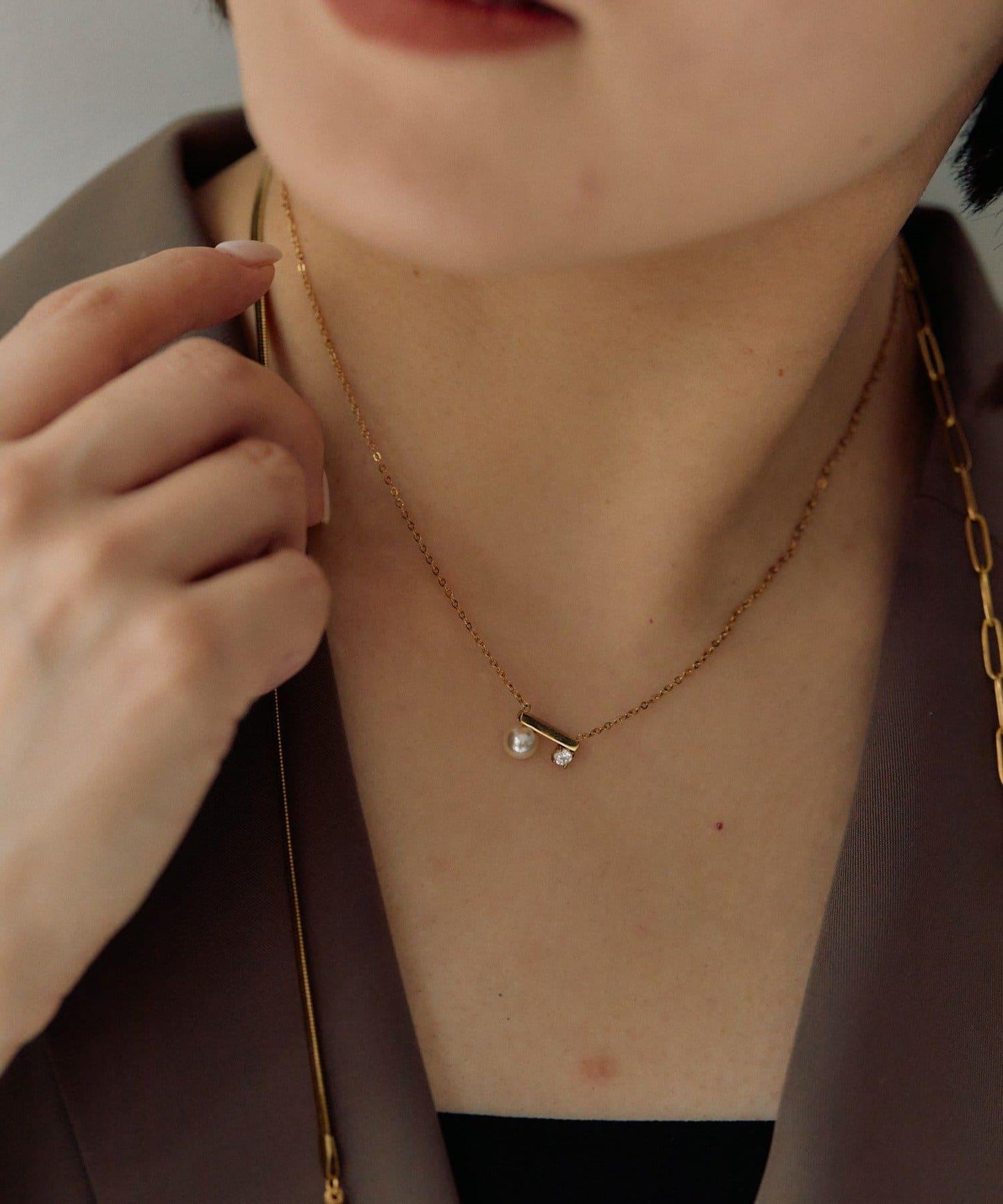 金屬過敏適用/不鏽鋼 珍珠×水晶項鍊