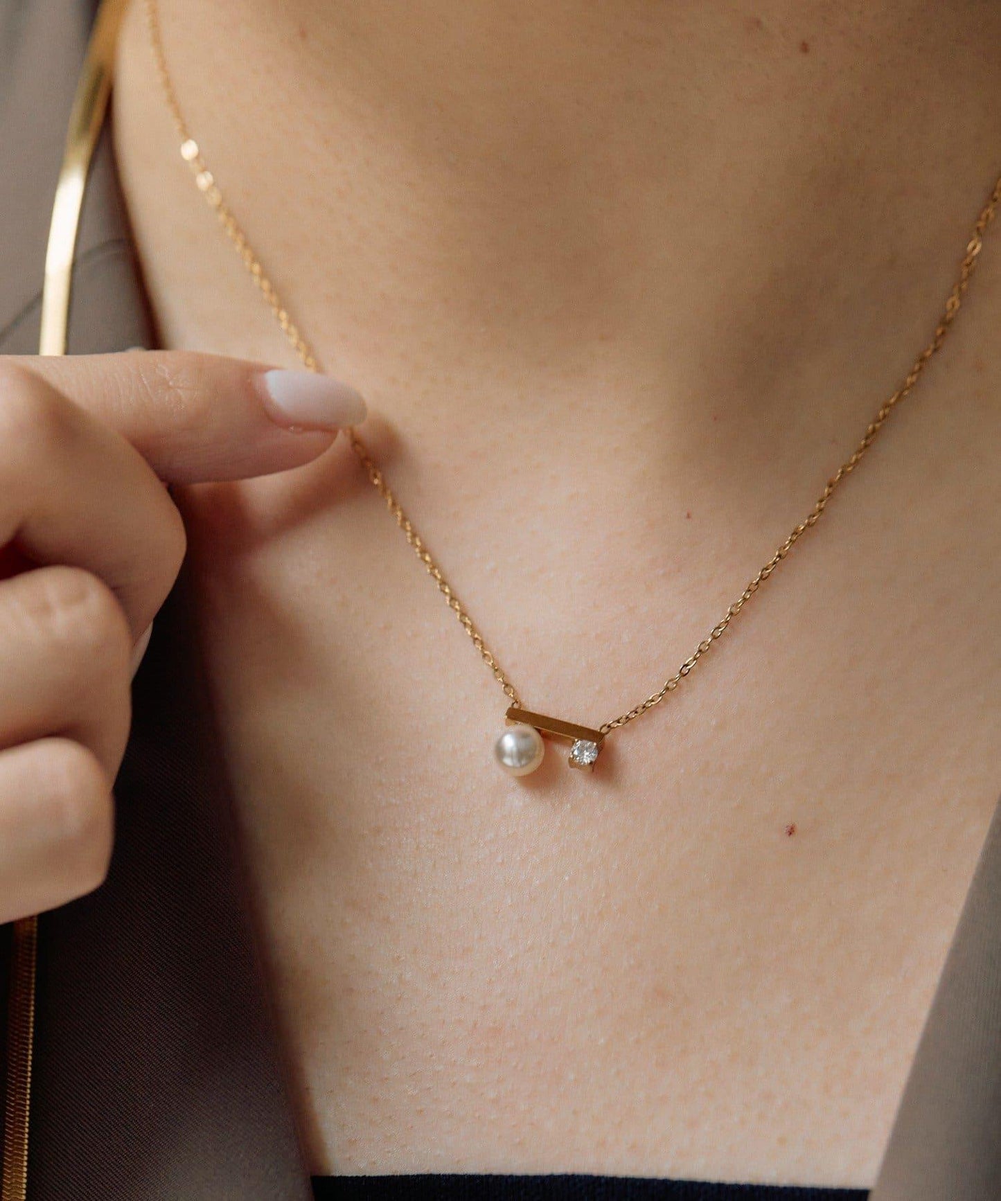 金屬過敏適用/不鏽鋼 珍珠×水晶項鍊