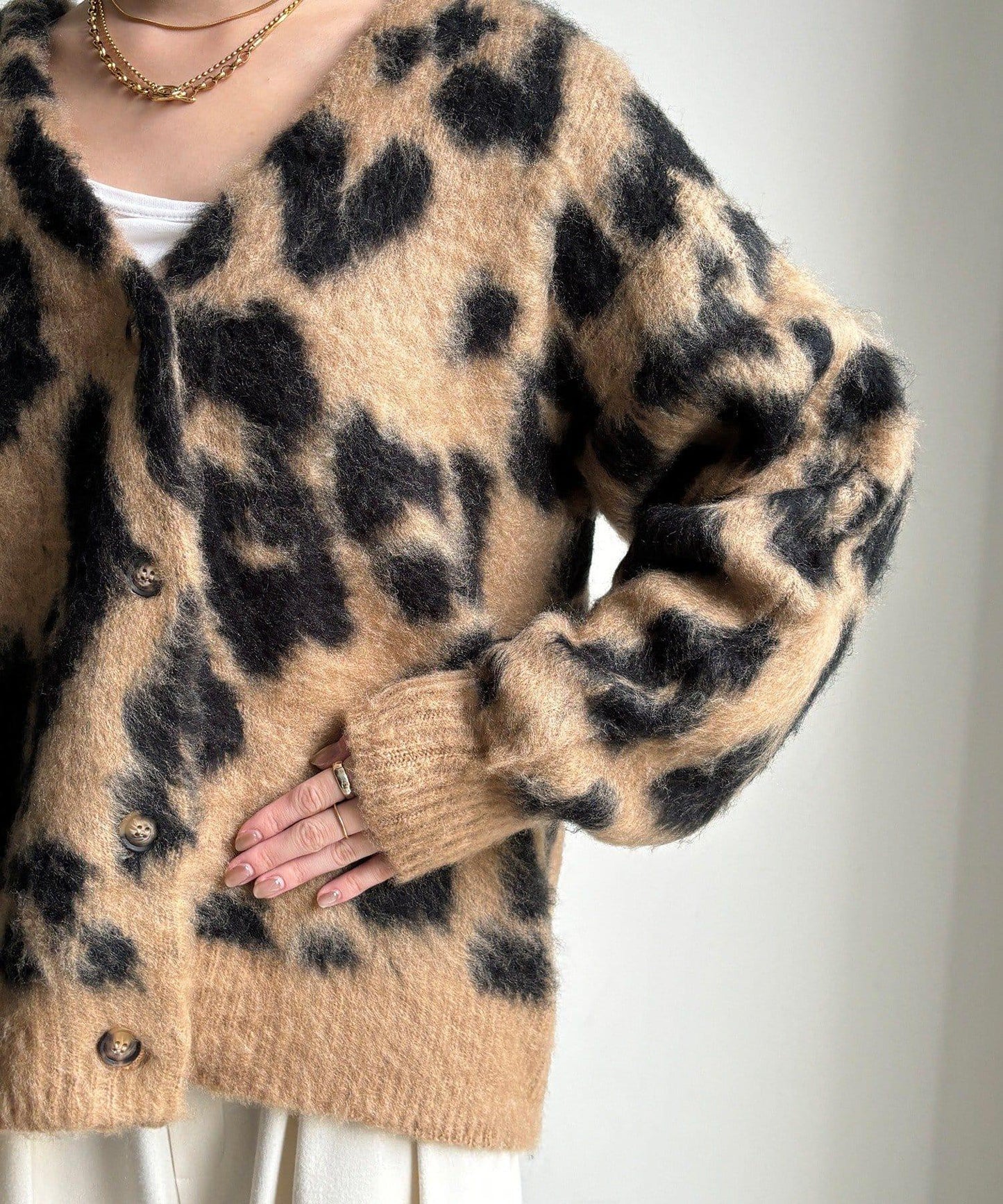 豹紋提花長毛開衫