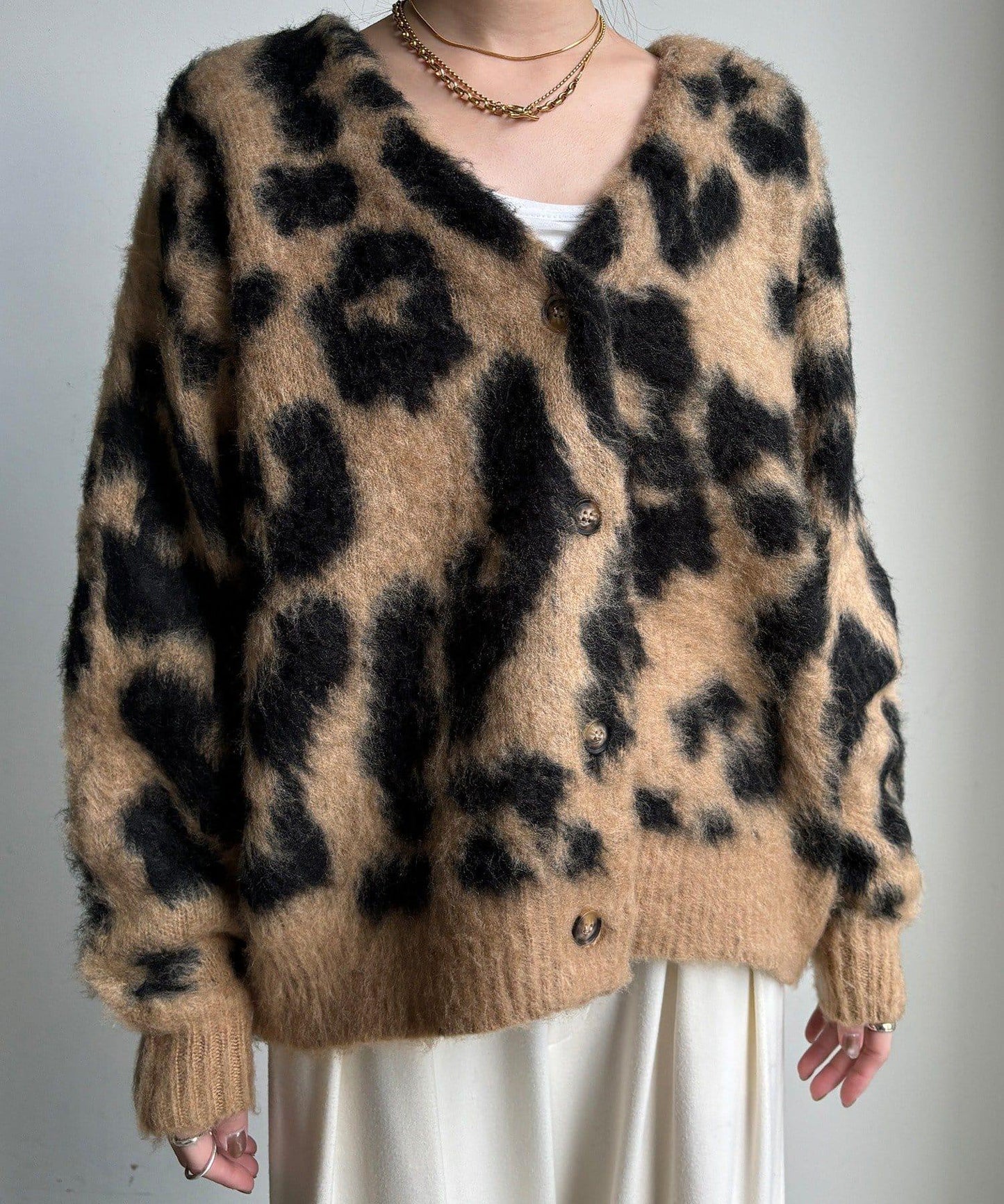 豹紋提花長毛開衫
