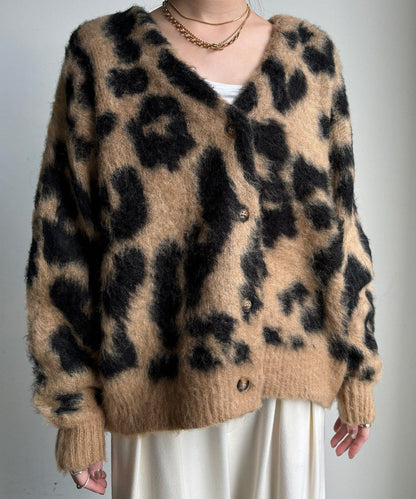 豹紋提花長毛開衫