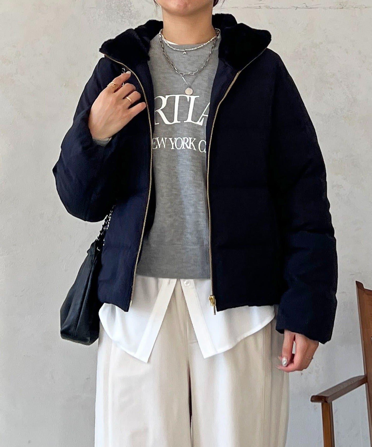 毛絨拼接輕薄羽絨服