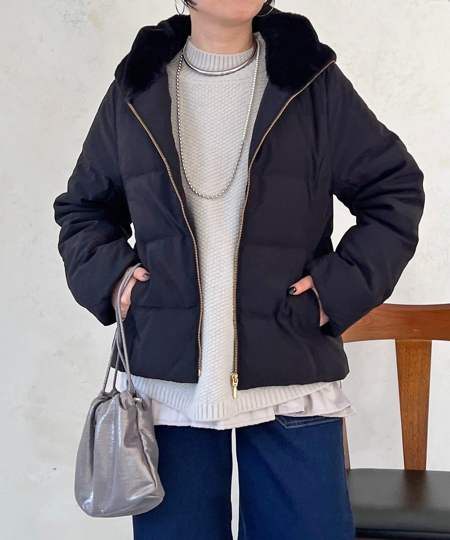 毛絨拼接輕薄羽絨服