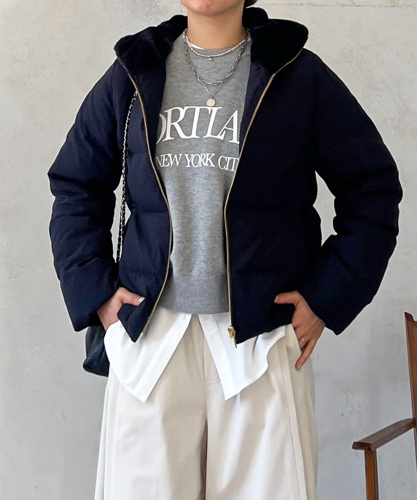 毛絨拼接輕薄羽絨服