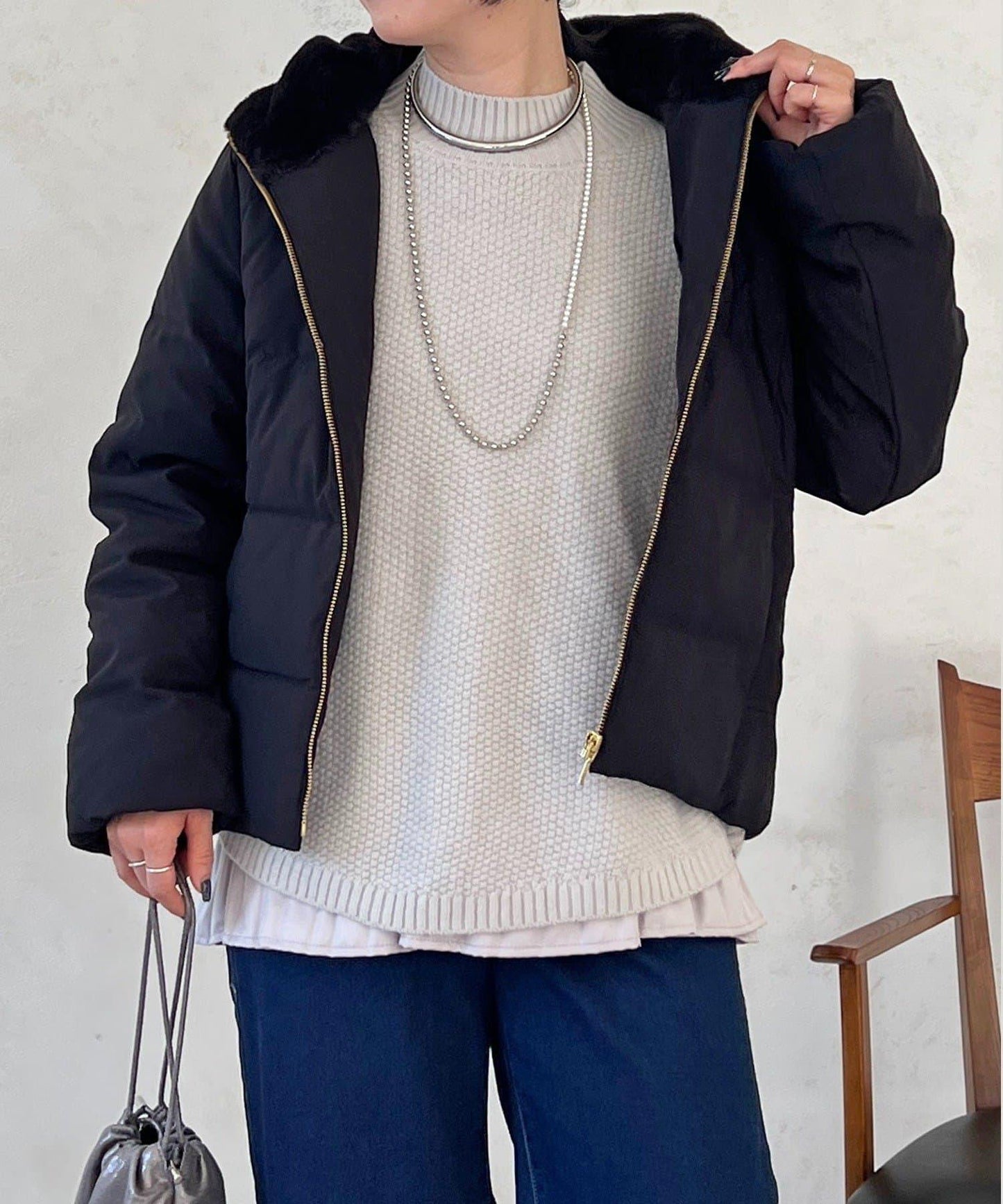 毛絨拼接輕薄羽絨服