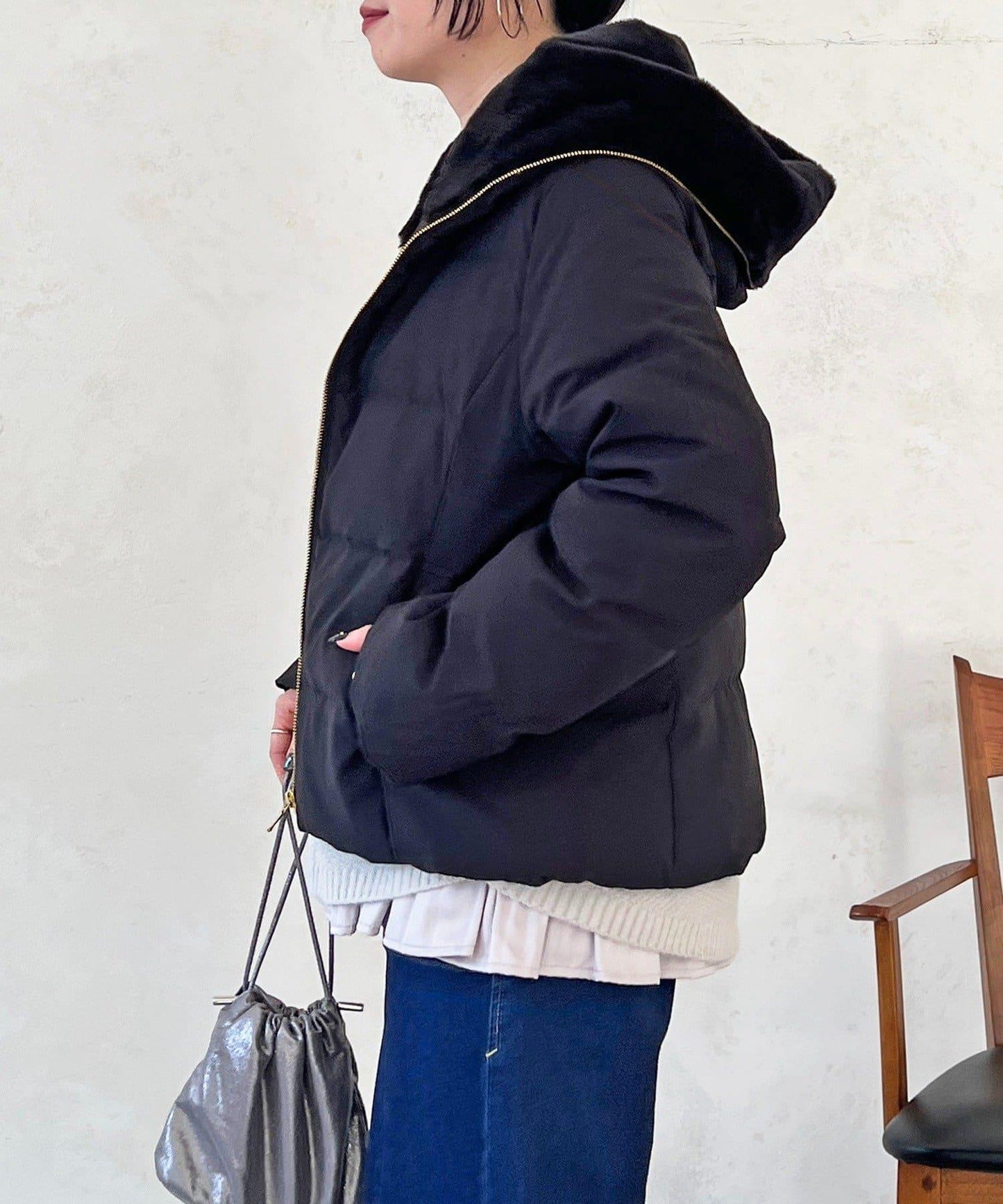 毛絨拼接輕薄羽絨服