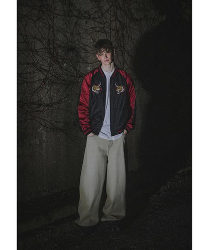 NOT4NERD/ノットフォーナード/虎頭刺繡緞面棒球夾克