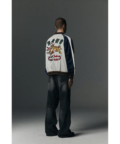 NOT4NERD/ノットフォーナード/虎頭刺繡緞面棒球夾克