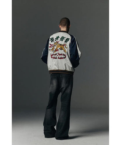 NOT4NERD/ノットフォーナード/虎頭刺繡緞面棒球夾克