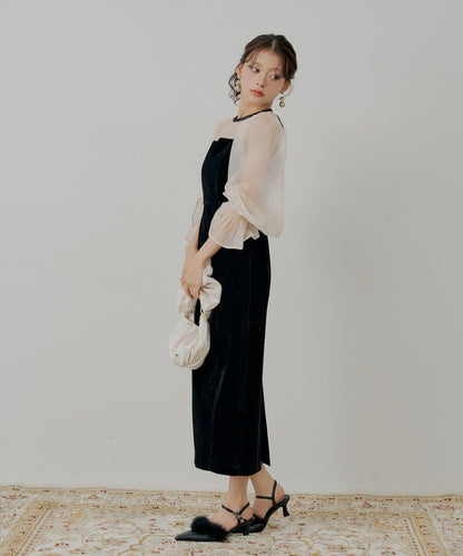 【/SALON by Chico】拼色透視修身長款連衣裙/宴會禮服