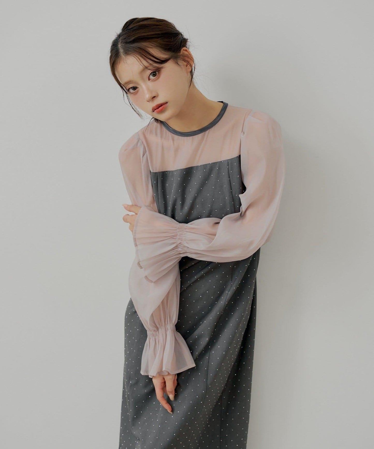 【/SALON by Chico】拼色透視修身長款連衣裙/宴會禮服